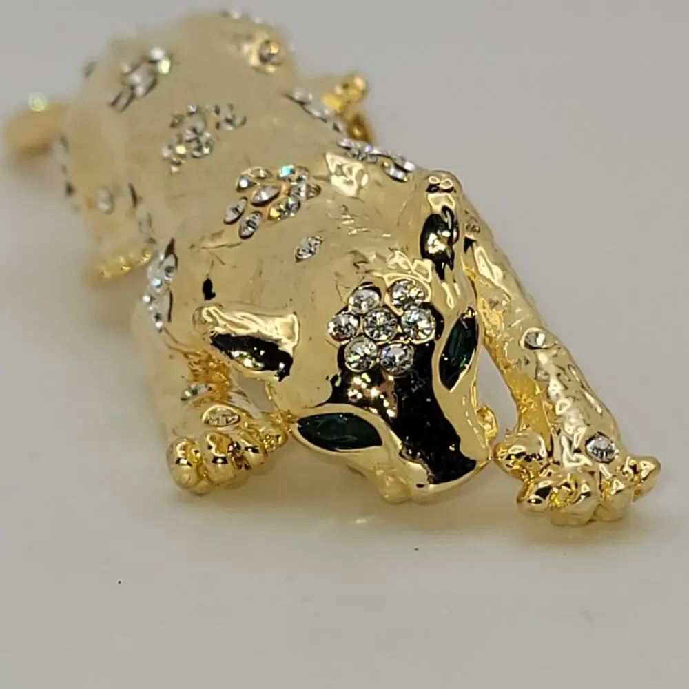 Vintage Gold-Tone Panther Brooch Green Rhinestone Eyes & Clear Rhinestones